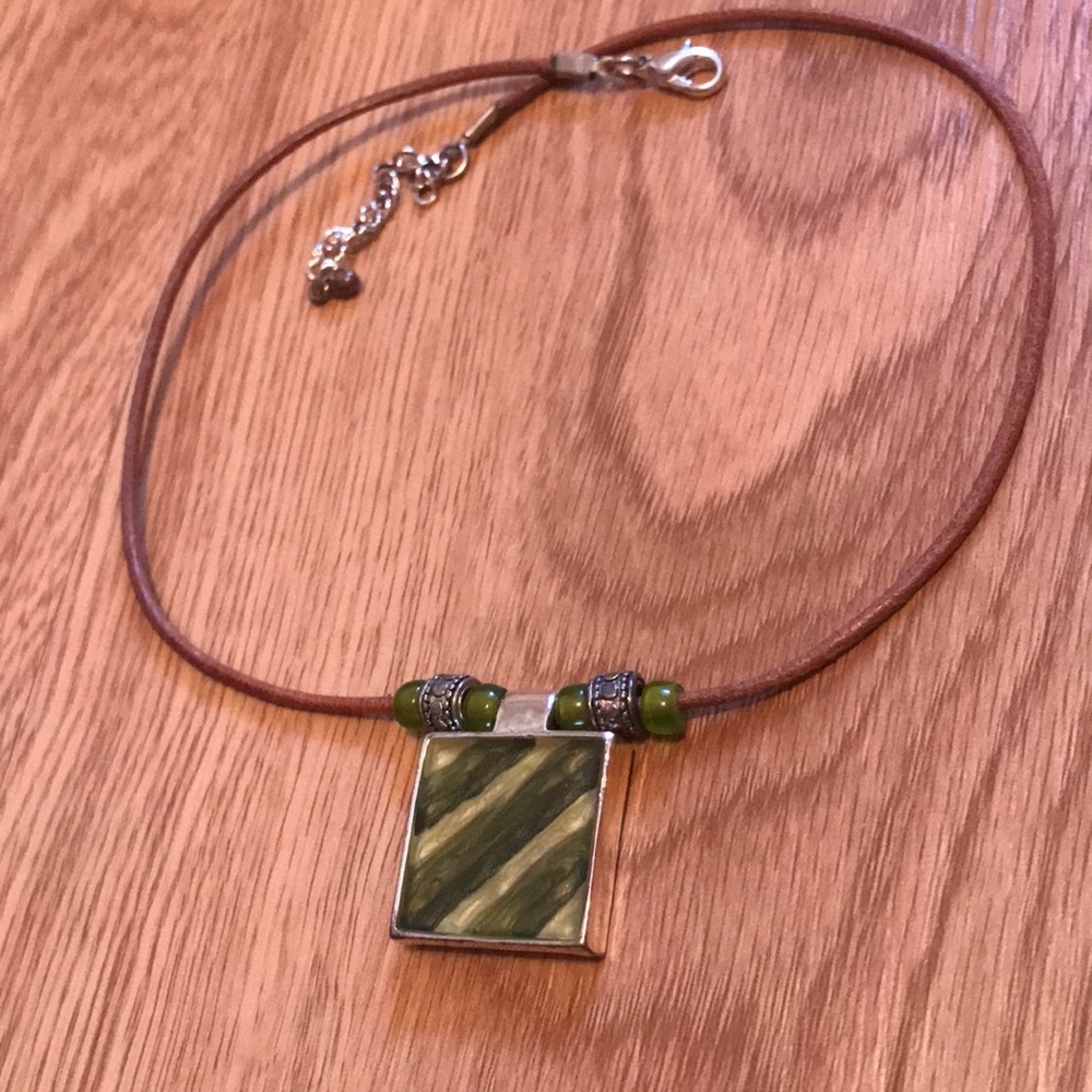 6/$20 Adjustable Length Leather Cord Necklace with Green Pendant